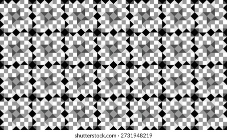 Seamless monochrome starburst geometric pattern. High-contrast black and white vector grid with intricate symmetrical shapes