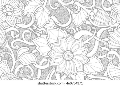Seamless monochrome summer pattern with stylized flowers. Ornate seamless pattern with abstract flowers. 