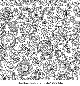 Seamless monochrome summer pattern with stylized flowers. Ornate zentangle seamless texture, pattern with abstract floral mandalas. Can be used for wallpaper, pattern fills, web page background.