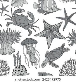 Seamless monochrome summer underwater pattern. Various shell, algae, turtle, crab, crayfish, jellyfish, shell coral starfish anemone Vector illustration