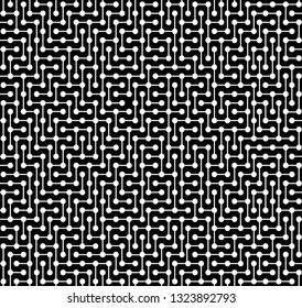 Seamless monochrome texture consisting of circles and segments, made in the form of a complex maze, white on a black background