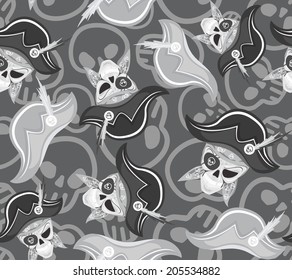 Seamless monochrome texture with skull and pirate hat. 