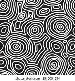 Seamless monochrome topographic pattern-vector illustration. Contour drawing of rounded lines of circles. Doodle seamless pattern.