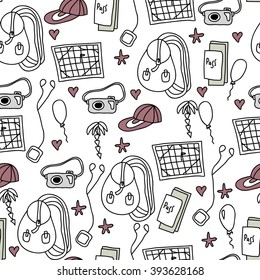 Seamless monochrome travel pattern with backpack, photo camera, passport, map, player on white background. Vector illustration for textile and wallpaper design. 