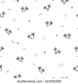 Seamless monochrome trendy tropical palm tree on beach pattern. Vector summer exotic floral jungle texture. Hawaiian hand drawn summer tropical wallpaper background