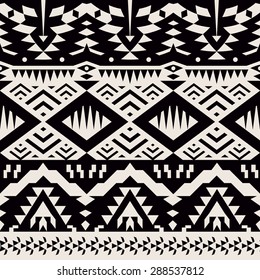 Seamless Monochrome Tribal Pattern. Ethnic Vector Background with Triangles, Rhombus and Stripes