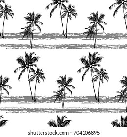 Seamless monochrome tropical pattern of palm trees. Black and white background for a Hawaiian shirt.