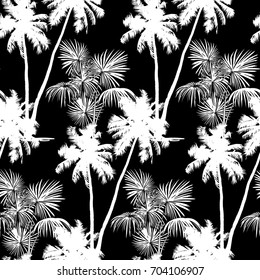 Seamless monochrome tropical pattern of palm trees. Black and white background for a Hawaiian shirt.