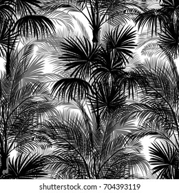 Seamless monochrome tropical pattern of palm trees. Black and white background for a Hawaiian shirt.