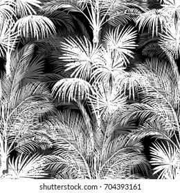 Seamless monochrome tropical pattern of palm trees. Black and white background for a Hawaiian shirt.