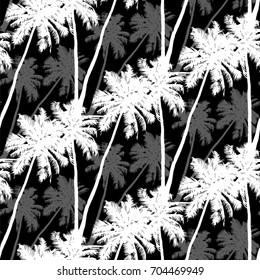 Seamless monochrome tropical pattern of palm trees. Black and white background for a Hawaiian shirt.