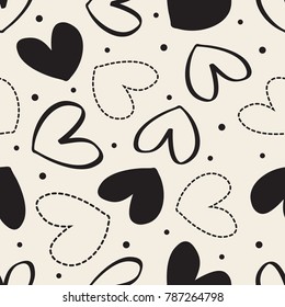 seamless monochrome valentine pattern  background with hand drawn heart and polka dot