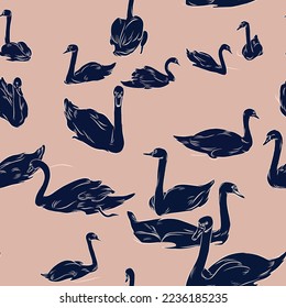 Patrón animalista vectorial monocromo sin fisuras con cisnes negros sobre fondo beige pastel.