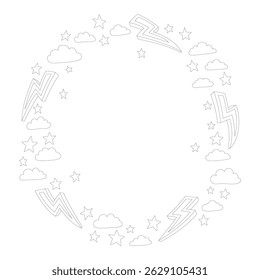Vetor monocromático contínuo coloração livro grinalda com desenhos animados nuvens estrelas e ícones de raio dispostos em um padrão circular