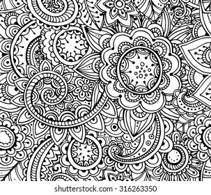 Seamless Monochrome vector Floral Pattern. Hand Drawn doodle texture, Decorative Flowers.