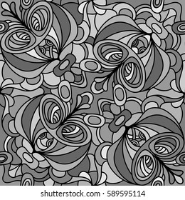 Seamless monochrome vector floral pattern. Monochromatic. White, Black and Gray colors