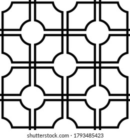 Seamless monochrome vector graphic of circles and overlapping parallel lines