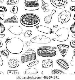Seamless Monochrome vector hand drawn food cartoon background
