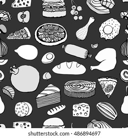Seamless Monochrome vector hand drawn food cartoon background
