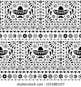 Seamless monochrome vector Mexican floral pattern with sombrero, chili peppers and flowers, happy repetitive background. Folk art design, retro ornament form Mexico, vibrant composition in black