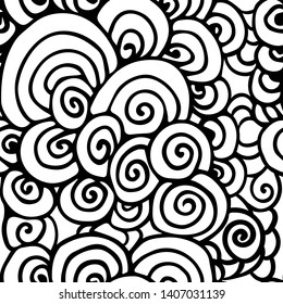 Seamless monochrome vector pattern black swirls on white background. Doodle style hand-drawn endless texture for print, colourings.