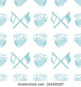 Seamless monochrome vector pattern with blue paintball helmets and teams flags on white background.