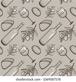 Seamless Monochrome Vector pattern with bottles and glasses of wine with cheese, black olives and fresh bread. Mediterranean cuisine. Template for menu and bar decoration, fabric and wrapping paper.