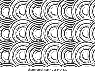 Seamless monochrome vector pattern with grunge concentric circles. Black and white texture with shabby circles for fabrics and wallpapers.