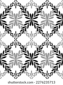 Seamless monochrome vector pattern with a rhombus of stems and foliage. Simple netting texture with black silhouette branches with leaves on white background for wallpaper and fabric.