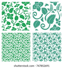 Seamless monochrome vector texture of mint leaves on a transparent background