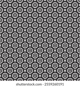 Seamless monochrome vector textures. Simple floral ornament patterns with circle shapes. Black and white design element for textile, print, fabric.