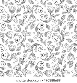 Seamless Monochrome Vector Turkish Style Flowers Pattern