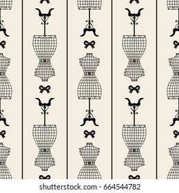 seamless monochrome vintage mannequin with ribbon pattern background