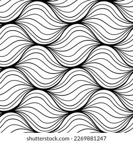 Seamless Monochrome wave pattern. Striped texture with many lines. Abstract modern print for fabric, textiles, wrapping paper. Vector illustration
