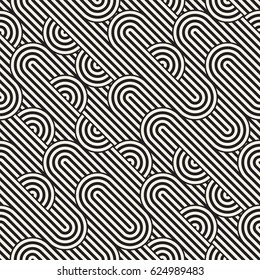 Seamless monochrome waving pattern. Abstract retro stripy background. Vector irregular round stripes design.