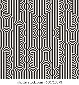 Seamless monochrome waving pattern. Abstract retro stripy background. Vector irregular round stripes design.