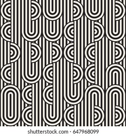 Seamless monochrome waving pattern. Abstract retro stripy background. Vector irregular round stripes design.