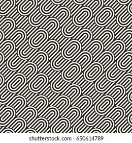 Seamless monochrome waving pattern. Abstract retro stripy background. Vector irregular round stripes design.