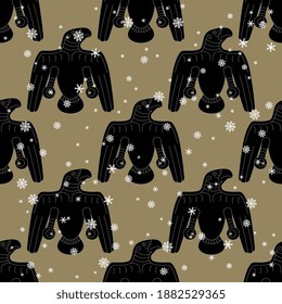 Seamless monochrome winter pattern with stylized totem birds and snowflakes. Permian animal style from ancient Siberia. Raven or eagle.