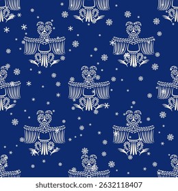 Patrón de invierno monocromático sin costuras con búhos estilizados y copos de nieve. Diseño étnico ruso en la antigua Siberia. Estilo animal Pérmico. Siluetas blancas sobre fondo azul.