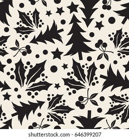 seamless monochrome xmas pine tree with dot and star pattern background