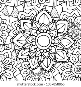 Seamless monochrome zentangle texture with mehndi mandala flower in the middle
