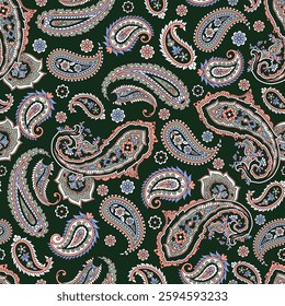 seamless monocular paisley pattern on olive background