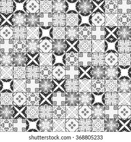 Seamless monotone patchwork pattern illustration in traditional style 