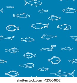 Seamless monotone pattern of marketable fish, hand drawn style