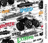 Seamless monster truck pattern with bold typography, tire tracks, and off-road grunge style. Perfect for kids clothing, extreme sportswear, textiles, and dynamic fabric prints.