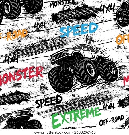 Seamless monster truck pattern with bold typography, tire tracks, and off-road grunge style. Perfect for kids clothing, extreme sportswear, textiles, and dynamic fabric prints.