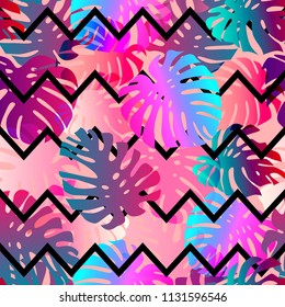 Seamless monstera background. Neon color. Black zigzag. Vector.