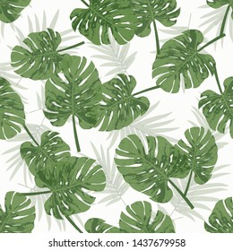 Seamless Monstera palm leaves pattern on white background. Tropical or summer background design. Green Interior wallpaper. Botanic textile pattern.