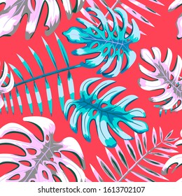 Seamless Monstera and Palm Leaves Pattern, Fashionable Pattern, Vector Illustration EPS 10.